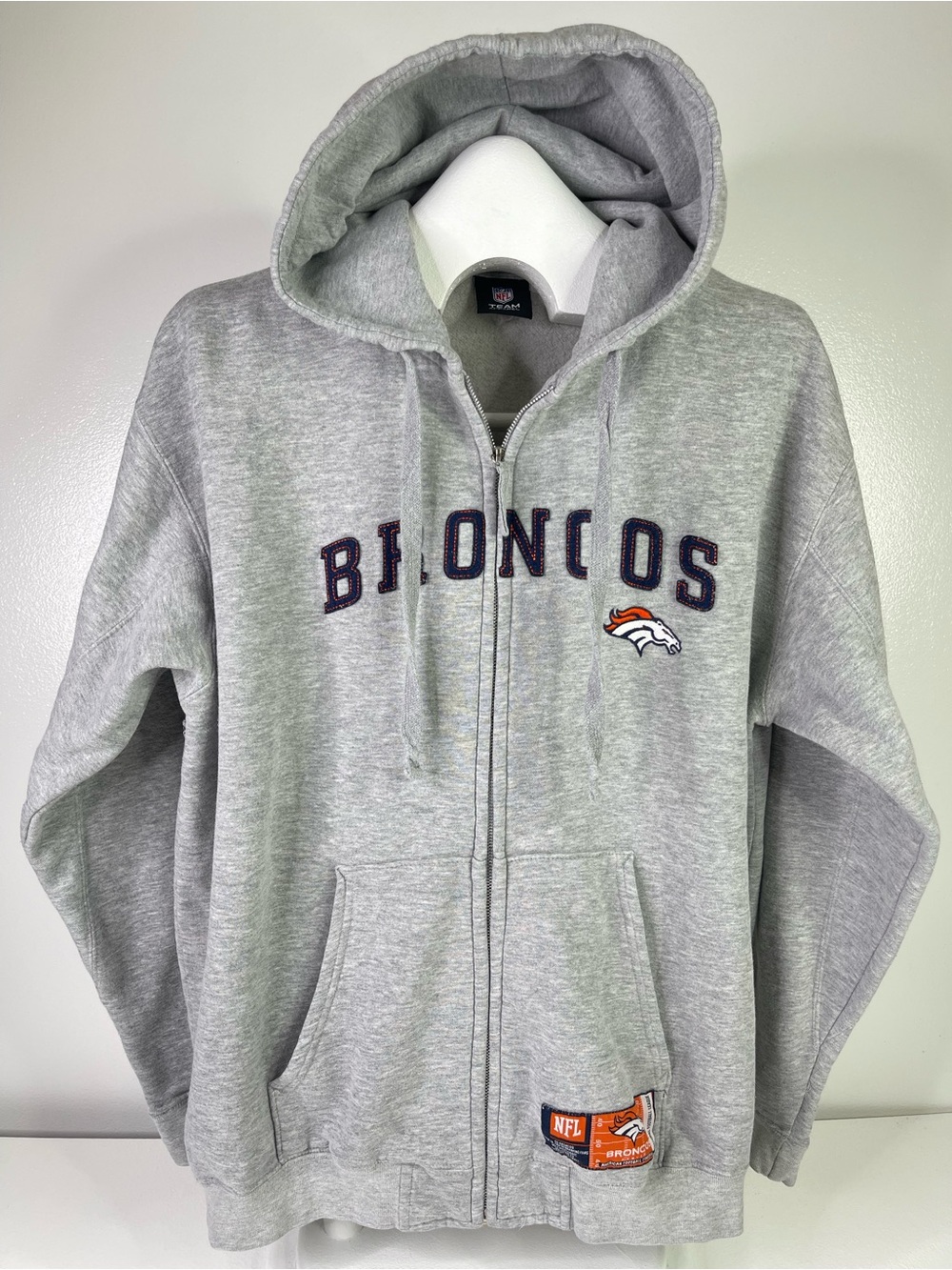 NFL Team Apparel Denver Broncos Full Zip Grey Hoodie Sweatshirt Size XL